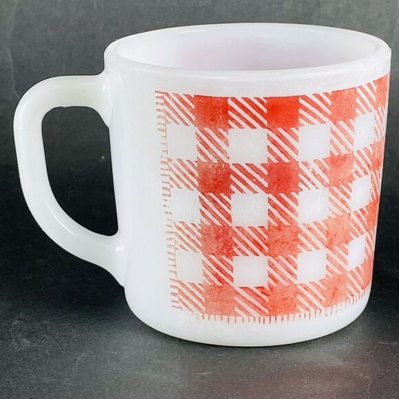 The Boss Coffee Mug Cup Westfield Milk Glass Red & White Gingham Checkered Plaid - Picture 5 of 9
